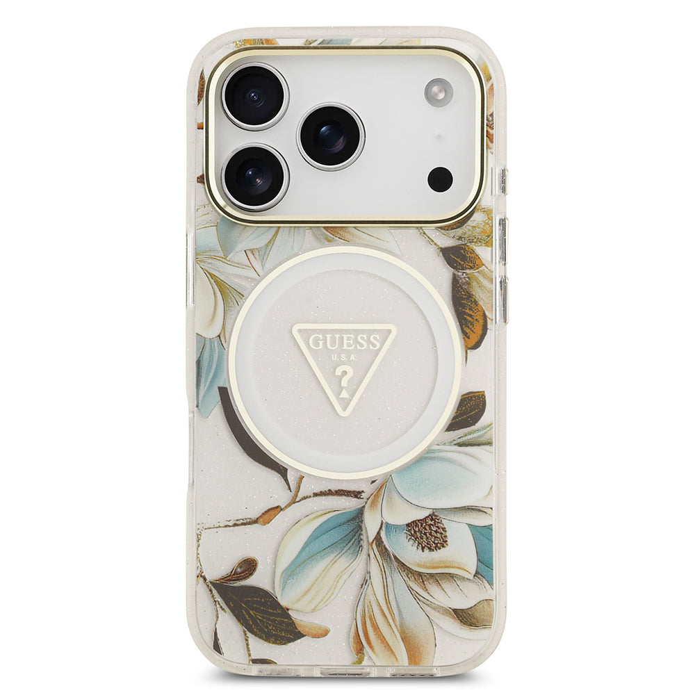 iPhone 17 Pro Max Kılıf Guess Orijinal Lisanslı M-safe Şarj Özellikli Simli Çiçek Desenli Metal Kamera Çerçeveli Üçgen Logolu Kılıf