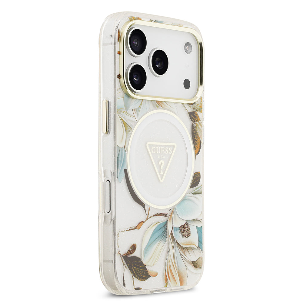 iPhone 17 Pro Max Kılıf Guess Orijinal Lisanslı M-safe Şarj Özellikli Simli Çiçek Desenli Metal Kamera Çerçeveli Üçgen Logolu Kılıf