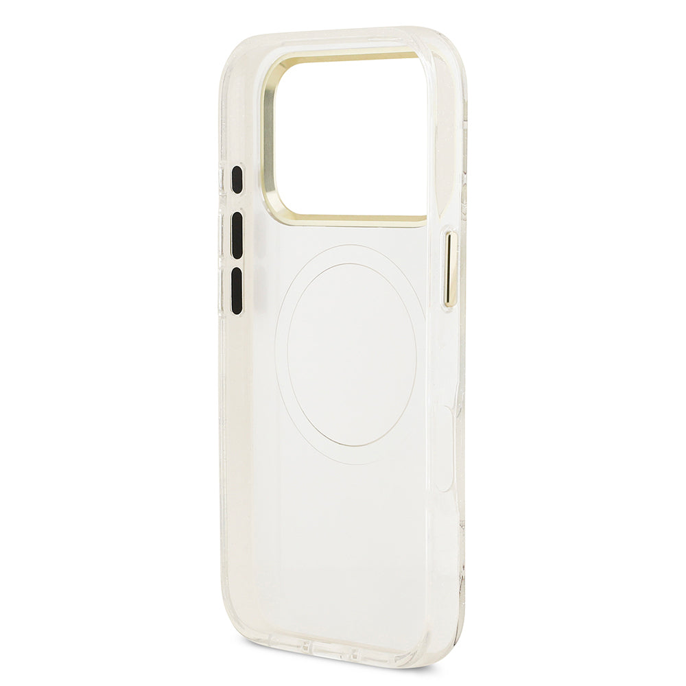 iPhone 17 Pro Max Kılıf Guess Orijinal Lisanslı M-safe Şarj Özellikli Simli Çiçek Desenli Metal Kamera Çerçeveli Üçgen Logolu Kılıf