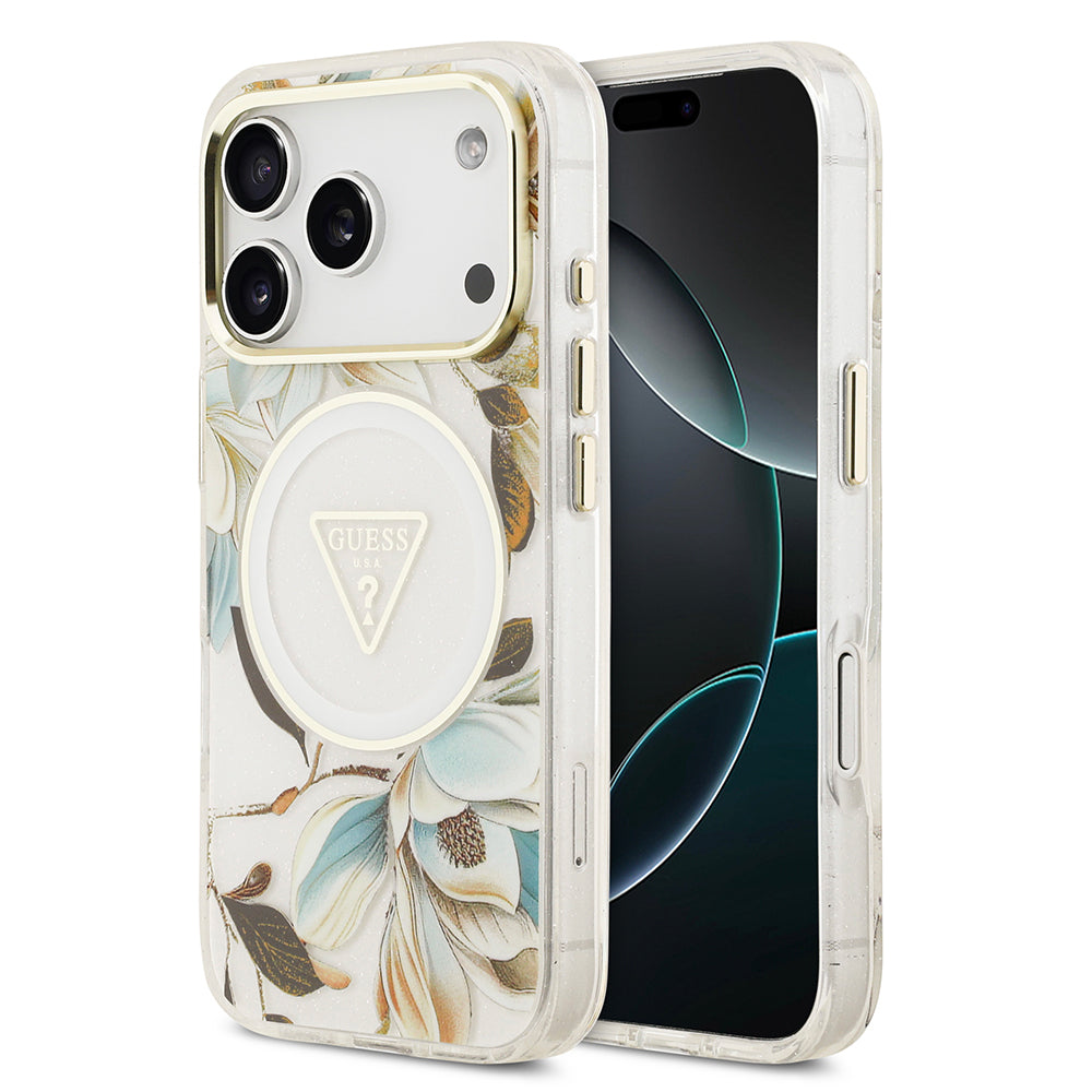 iPhone 17 Pro Max Kılıf Guess Orijinal Lisanslı M-safe Şarj Özellikli Simli Çiçek Desenli Metal Kamera Çerçeveli Üçgen Logolu Kılıf
