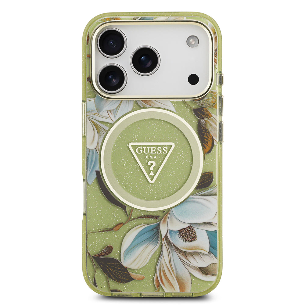 iPhone 17 Pro Max Kılıf Guess Orijinal Lisanslı M-safe Şarj Özellikli Simli Çiçek Desenli Metal Kamera Çerçeveli Üçgen Logolu Kılıf