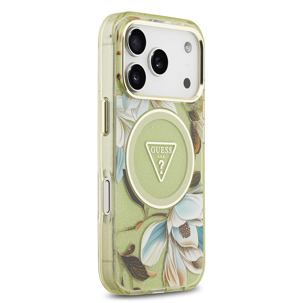 iPhone 17 Pro Max Kılıf Guess Orijinal Lisanslı M-safe Şarj Özellikli Simli Çiçek Desenli Metal Kamera Çerçeveli Üçgen Logolu Kılıf