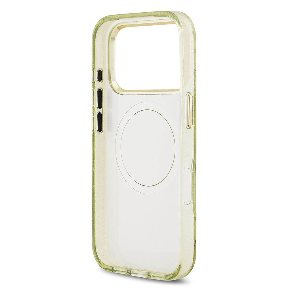 iPhone 17 Pro Max Kılıf Guess Orijinal Lisanslı M-safe Şarj Özellikli Simli Çiçek Desenli Metal Kamera Çerçeveli Üçgen Logolu Kılıf