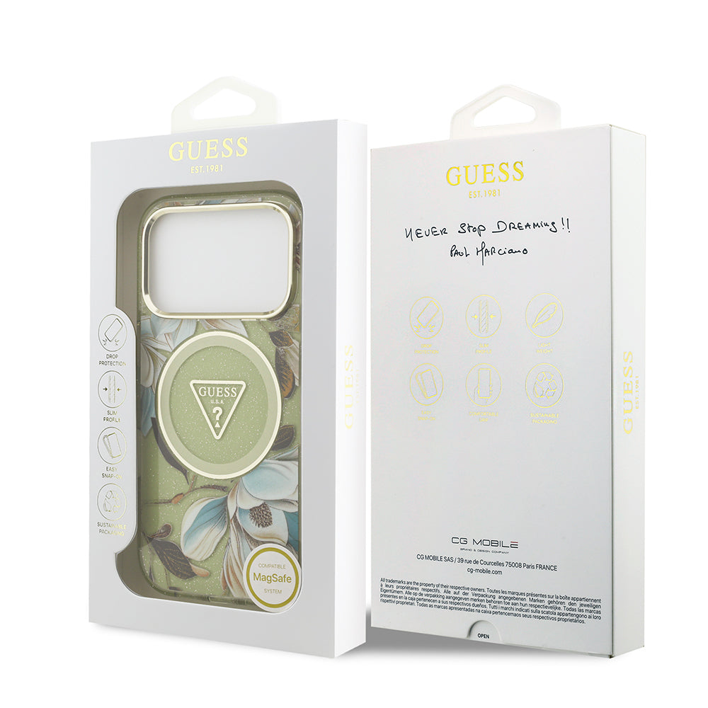 iPhone 17 Pro Max Kılıf Guess Orijinal Lisanslı M-safe Şarj Özellikli Simli Çiçek Desenli Metal Kamera Çerçeveli Üçgen Logolu Kılıf