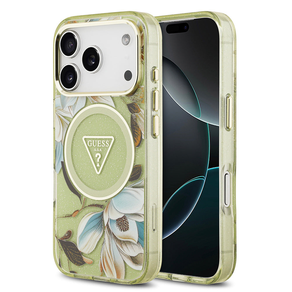 iPhone 17 Pro Max Kılıf Guess Orijinal Lisanslı M-safe Şarj Özellikli Simli Çiçek Desenli Metal Kamera Çerçeveli Üçgen Logolu Kılıf