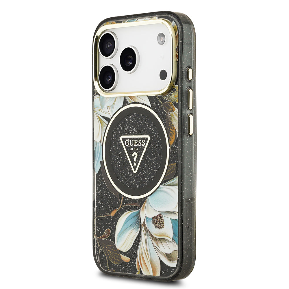 iPhone 17 Pro Max Kılıf Guess Orijinal Lisanslı M-safe Şarj Özellikli Simli Çiçek Desenli Metal Kamera Çerçeveli Üçgen Logolu Kılıf
