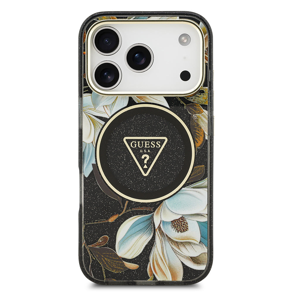 iPhone 17 Pro Max Kılıf Guess Orijinal Lisanslı M-safe Şarj Özellikli Simli Çiçek Desenli Metal Kamera Çerçeveli Üçgen Logolu Kılıf