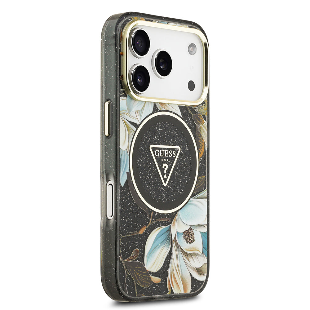 iPhone 17 Pro Max Kılıf Guess Orijinal Lisanslı M-safe Şarj Özellikli Simli Çiçek Desenli Metal Kamera Çerçeveli Üçgen Logolu Kılıf
