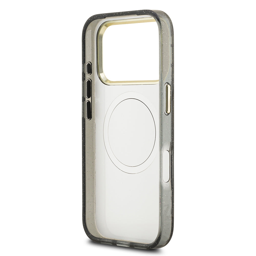 iPhone 17 Pro Max Kılıf Guess Orijinal Lisanslı M-safe Şarj Özellikli Simli Çiçek Desenli Metal Kamera Çerçeveli Üçgen Logolu Kılıf