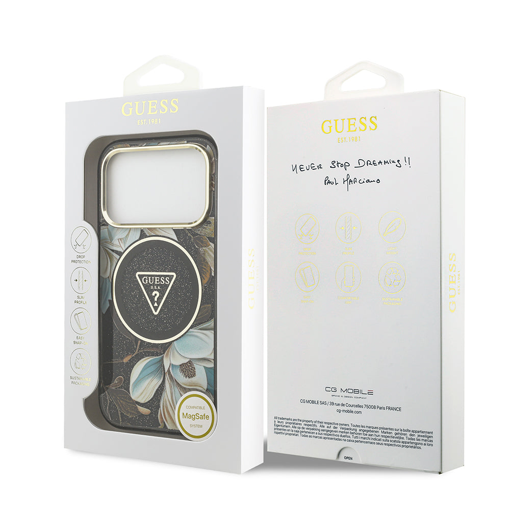 iPhone 17 Pro Max Kılıf Guess Orijinal Lisanslı M-safe Şarj Özellikli Simli Çiçek Desenli Metal Kamera Çerçeveli Üçgen Logolu Kılıf