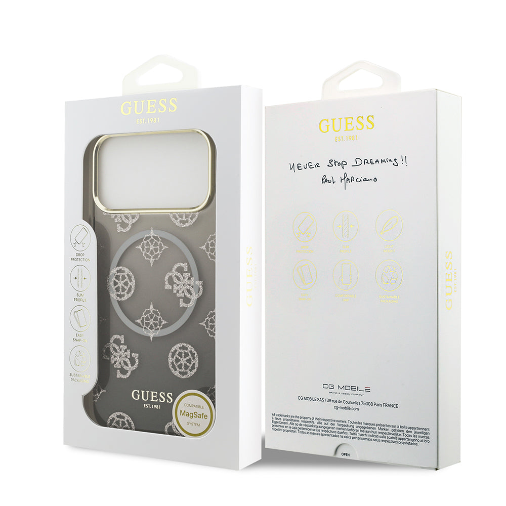 iPhone 17 Pro Max Kılıf Guess Orijinal Lisanslı M-safe Şarj Özellikli Simli Peony Desenli Silikon Kılıf