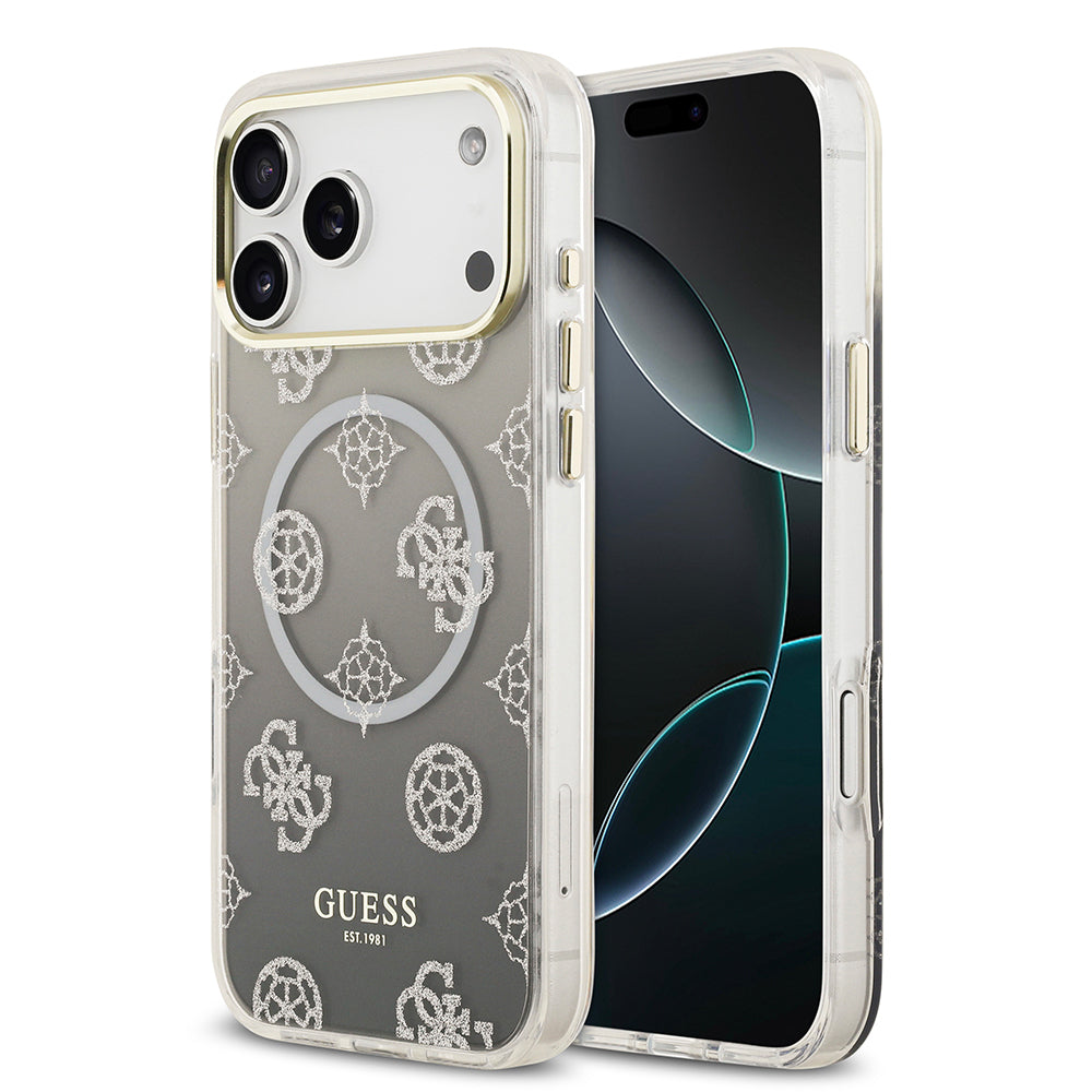 iPhone 17 Pro Max Kılıf Guess Orijinal Lisanslı M-safe Şarj Özellikli Simli Peony Desenli Silikon Kılıf