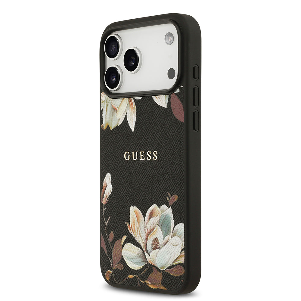 iPhone 17 Pro Max Kılıf Guess Orijinal Lisanslı M-safe Şarj Özellikli Taneli Çiçek Tasarımlı Metal Yazı Logolu Kılıf