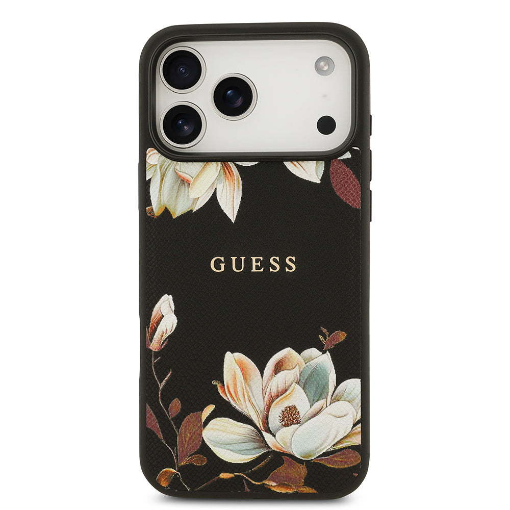 iPhone 17 Pro Max Kılıf Guess Orijinal Lisanslı M-safe Şarj Özellikli Taneli Çiçek Tasarımlı Metal Yazı Logolu Kılıf