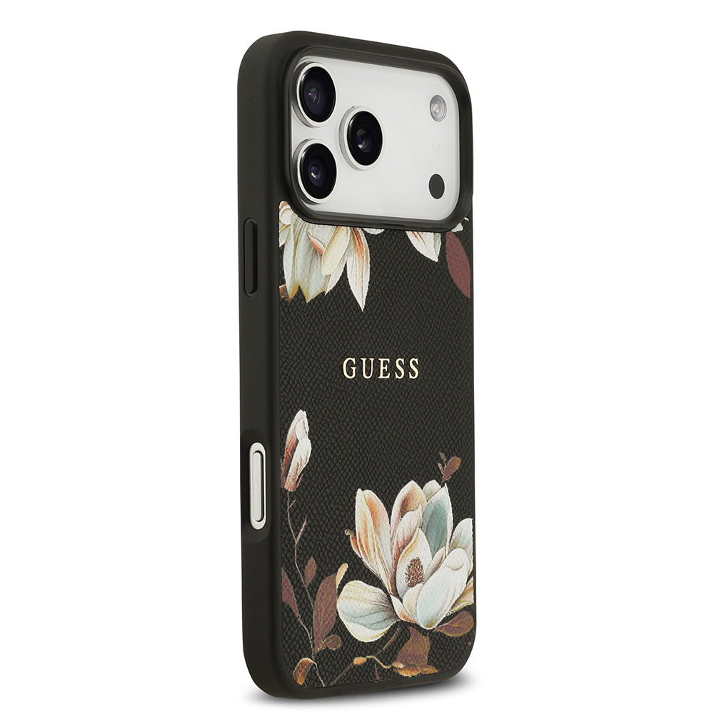 iPhone 17 Pro Max Kılıf Guess Orijinal Lisanslı M-safe Şarj Özellikli Taneli Çiçek Tasarımlı Metal Yazı Logolu Kılıf