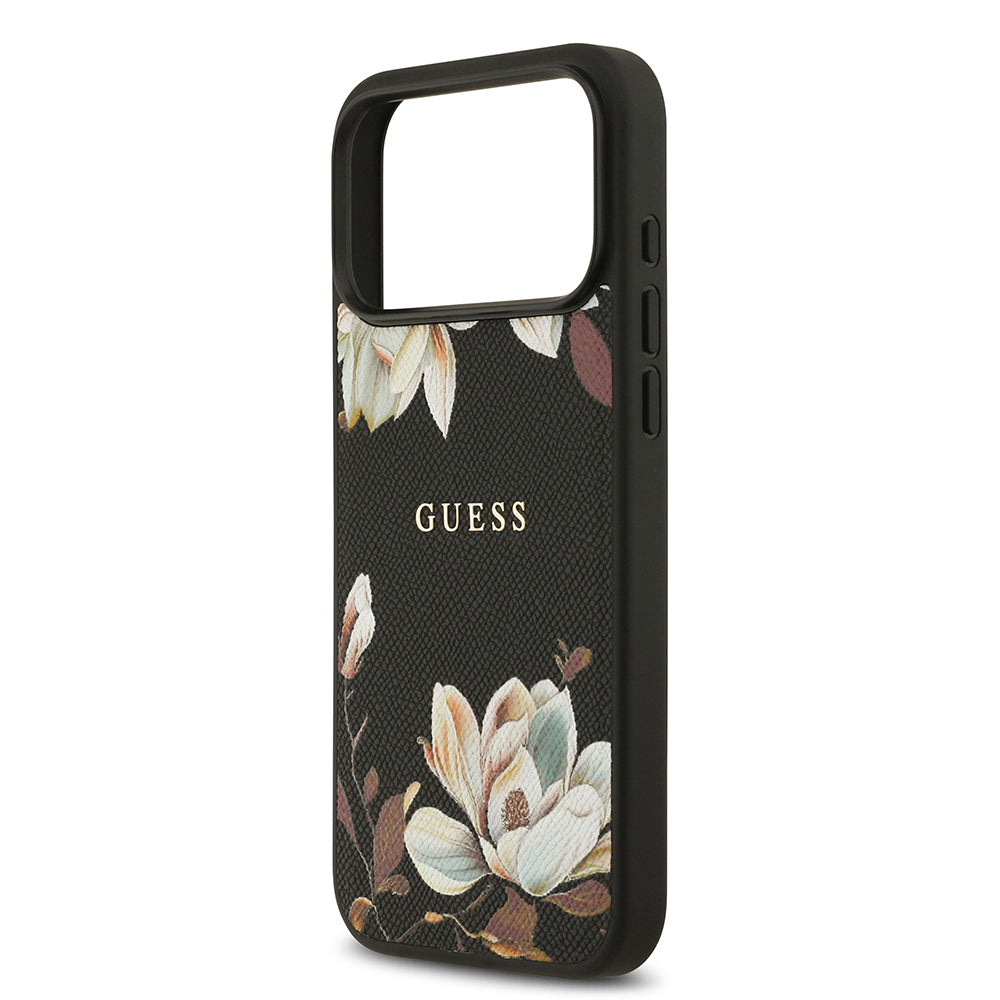 iPhone 17 Pro Max Kılıf Guess Orijinal Lisanslı M-safe Şarj Özellikli Taneli Çiçek Tasarımlı Metal Yazı Logolu Kılıf