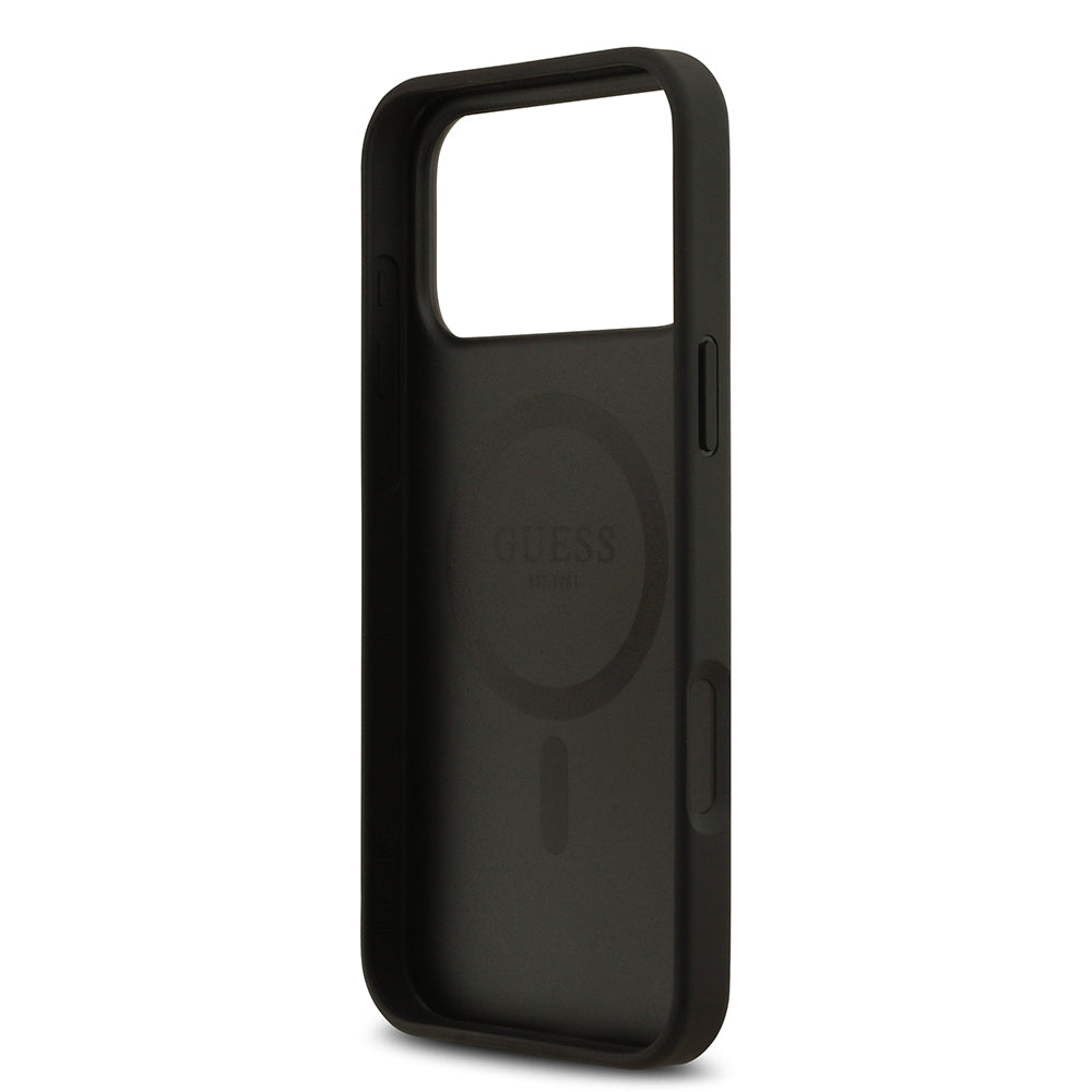 iPhone 17 Pro Max Kılıf Guess Orijinal Lisanslı M-safe Şarj Özellikli Taneli Çiçek Tasarımlı Metal Yazı Logolu Kılıf