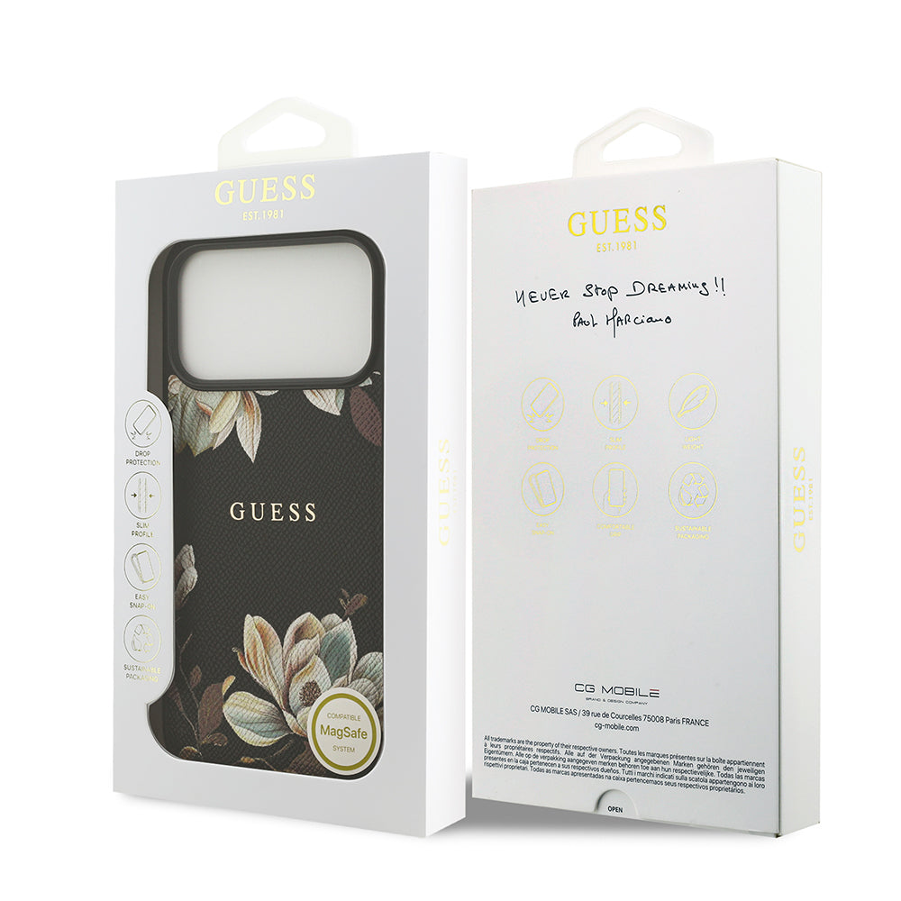 iPhone 17 Pro Max Kılıf Guess Orijinal Lisanslı M-safe Şarj Özellikli Taneli Çiçek Tasarımlı Metal Yazı Logolu Kılıf