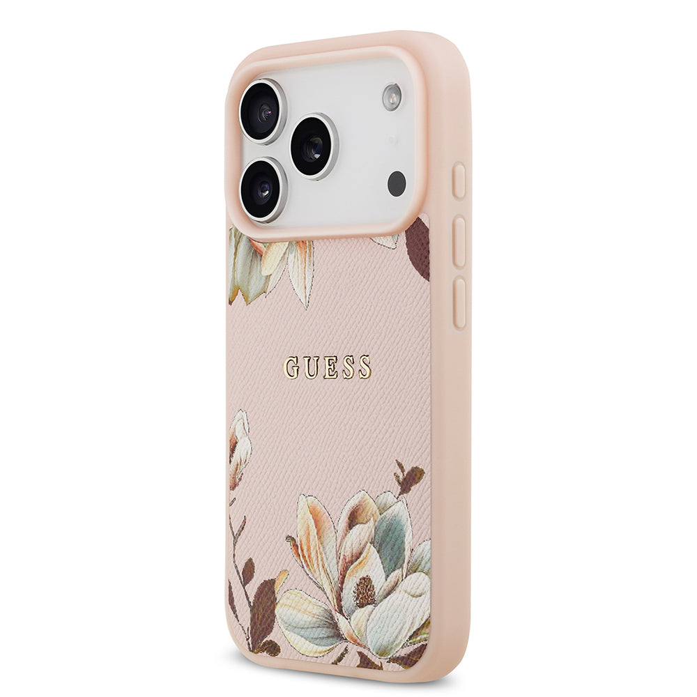 iPhone 17 Pro Max Kılıf Guess Orijinal Lisanslı M-safe Şarj Özellikli Taneli Çiçek Tasarımlı Metal Yazı Logolu Kılıf