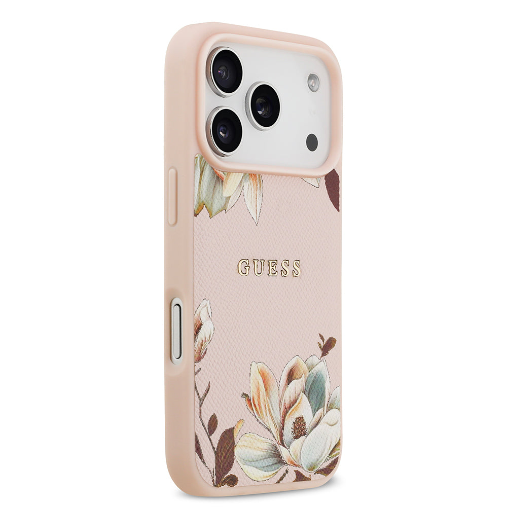 iPhone 17 Pro Max Kılıf Guess Orijinal Lisanslı M-safe Şarj Özellikli Taneli Çiçek Tasarımlı Metal Yazı Logolu Kılıf