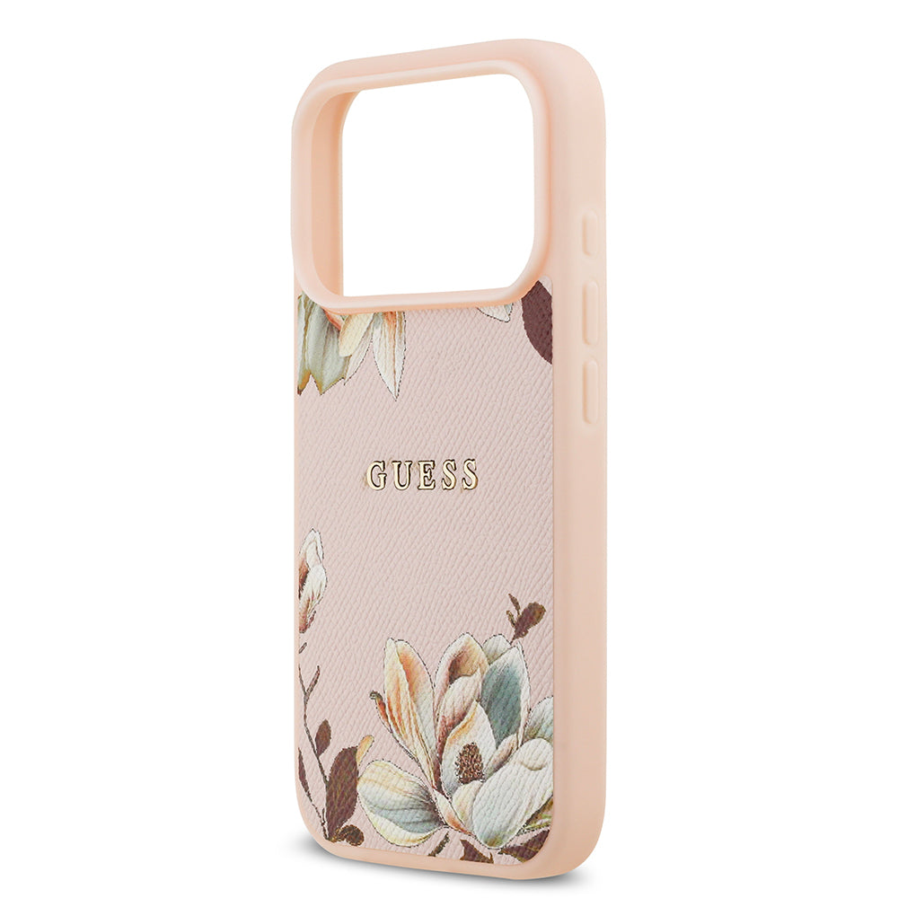 iPhone 17 Pro Max Kılıf Guess Orijinal Lisanslı M-safe Şarj Özellikli Taneli Çiçek Tasarımlı Metal Yazı Logolu Kılıf
