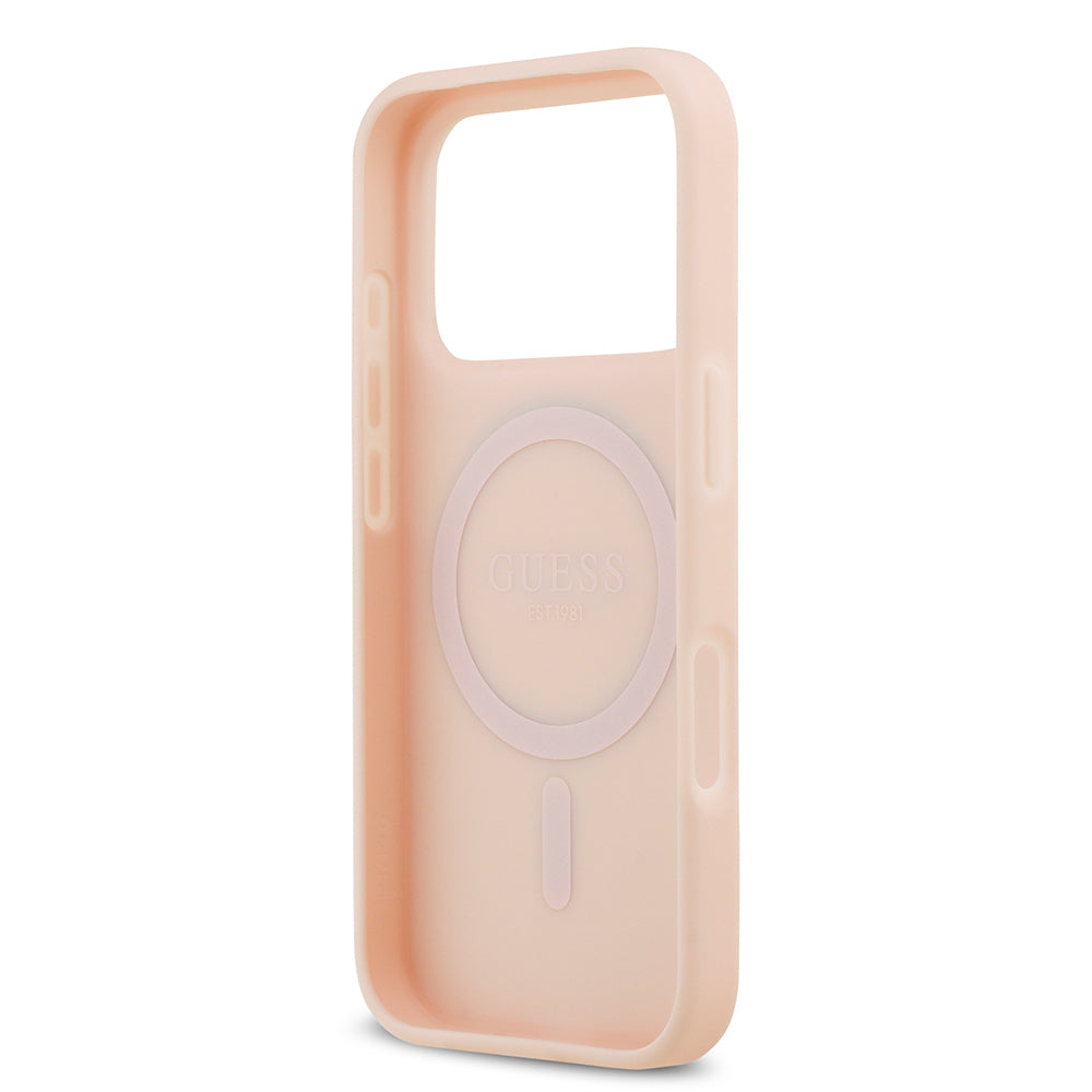 iPhone 17 Pro Max Kılıf Guess Orijinal Lisanslı M-safe Şarj Özellikli Taneli Çiçek Tasarımlı Metal Yazı Logolu Kılıf