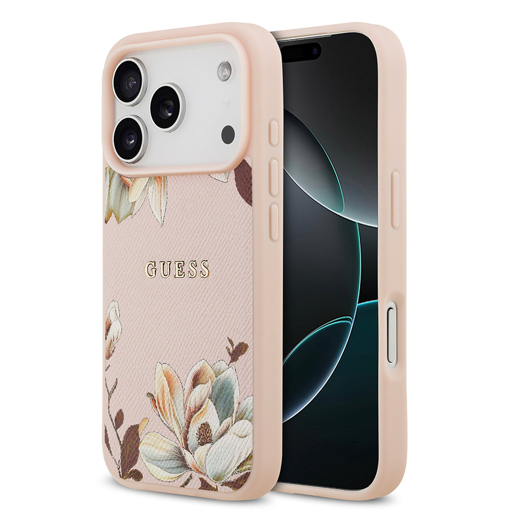iPhone 17 Pro Max Kılıf Guess Orijinal Lisanslı M-safe Şarj Özellikli Taneli Çiçek Tasarımlı Metal Yazı Logolu Kılıf