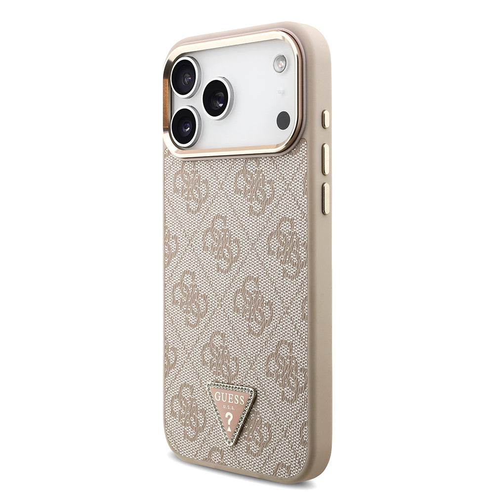 iPhone 17 Pro Max Kılıf Guess Orijinal Lisanslı M-safe Şarj Özellikli Taşlı Üçgen Logo 4G Desenli Kılıf