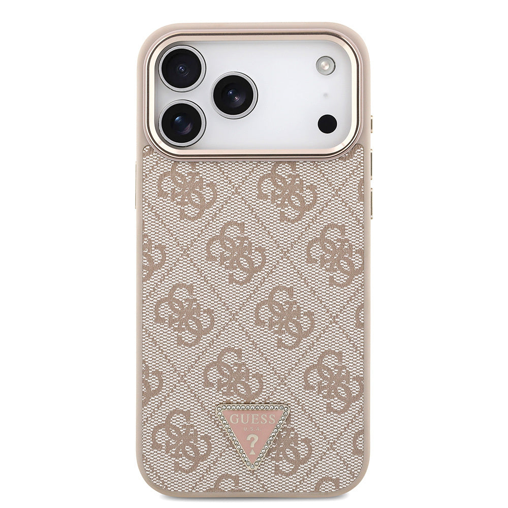 iPhone 17 Pro Max Kılıf Guess Orijinal Lisanslı M-safe Şarj Özellikli Taşlı Üçgen Logo 4G Desenli Kılıf