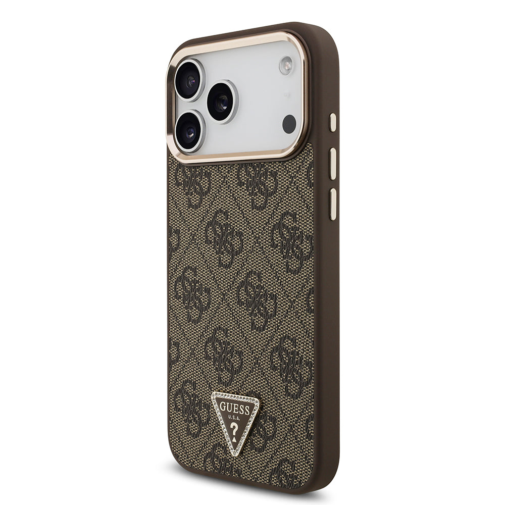 iPhone 17 Pro Max Kılıf Guess Orijinal Lisanslı M-safe Şarj Özellikli Taşlı Üçgen Logo 4G Desenli Kılıf