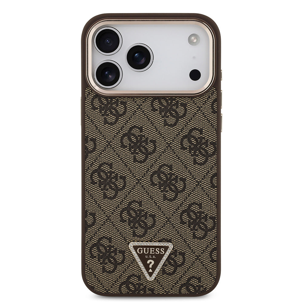 iPhone 17 Pro Max Kılıf Guess Orijinal Lisanslı M-safe Şarj Özellikli Taşlı Üçgen Logo 4G Desenli Kılıf