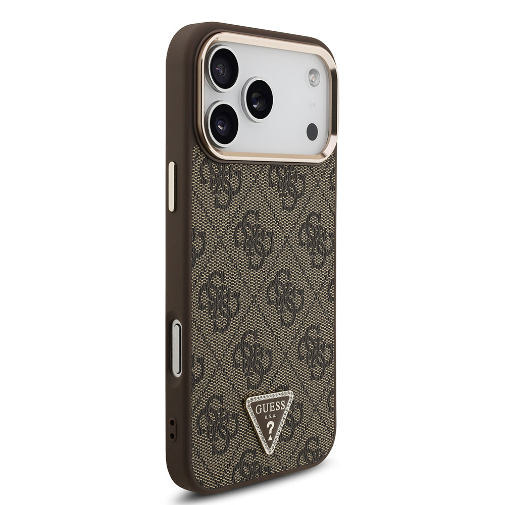 iPhone 17 Pro Max Kılıf Guess Orijinal Lisanslı M-safe Şarj Özellikli Taşlı Üçgen Logo 4G Desenli Kılıf
