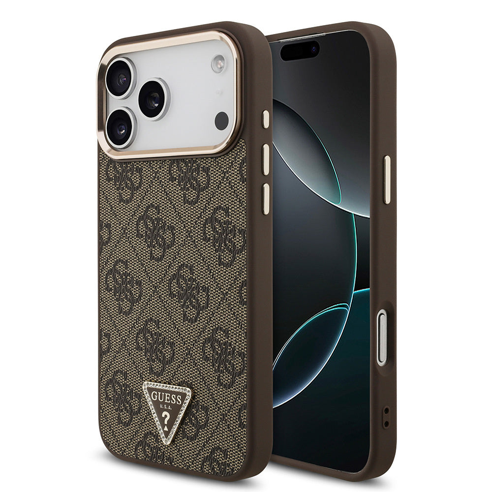 iPhone 17 Pro Max Kılıf Guess Orijinal Lisanslı M-safe Şarj Özellikli Taşlı Üçgen Logo 4G Desenli Kılıf