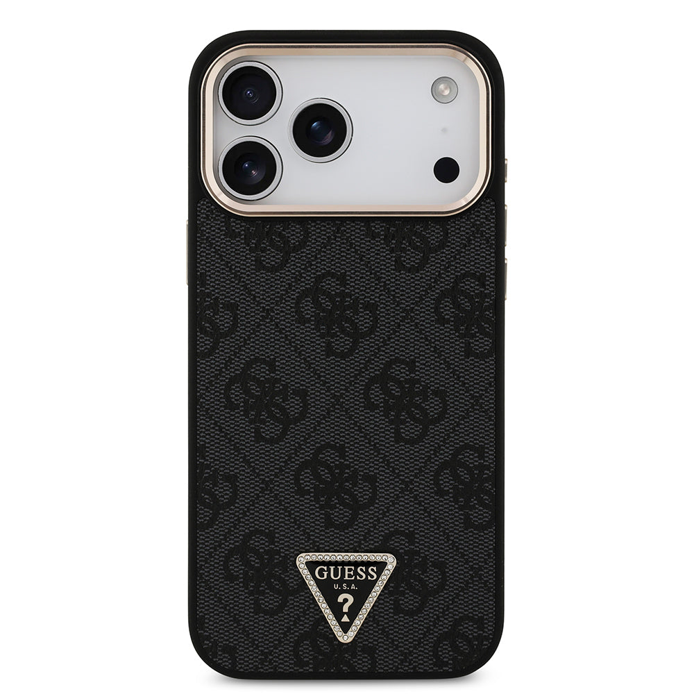 iPhone 17 Pro Max Kılıf Guess Orijinal Lisanslı M-safe Şarj Özellikli Taşlı Üçgen Logo 4G Desenli Kılıf
