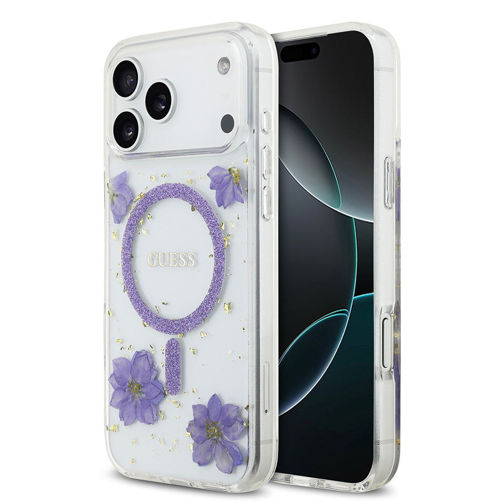 iPhone 17 Pro Max Kılıf Guess Orijinal Lisanslı M-safe Şarj Özellikli Transparan Resin Flowers Kılıf
