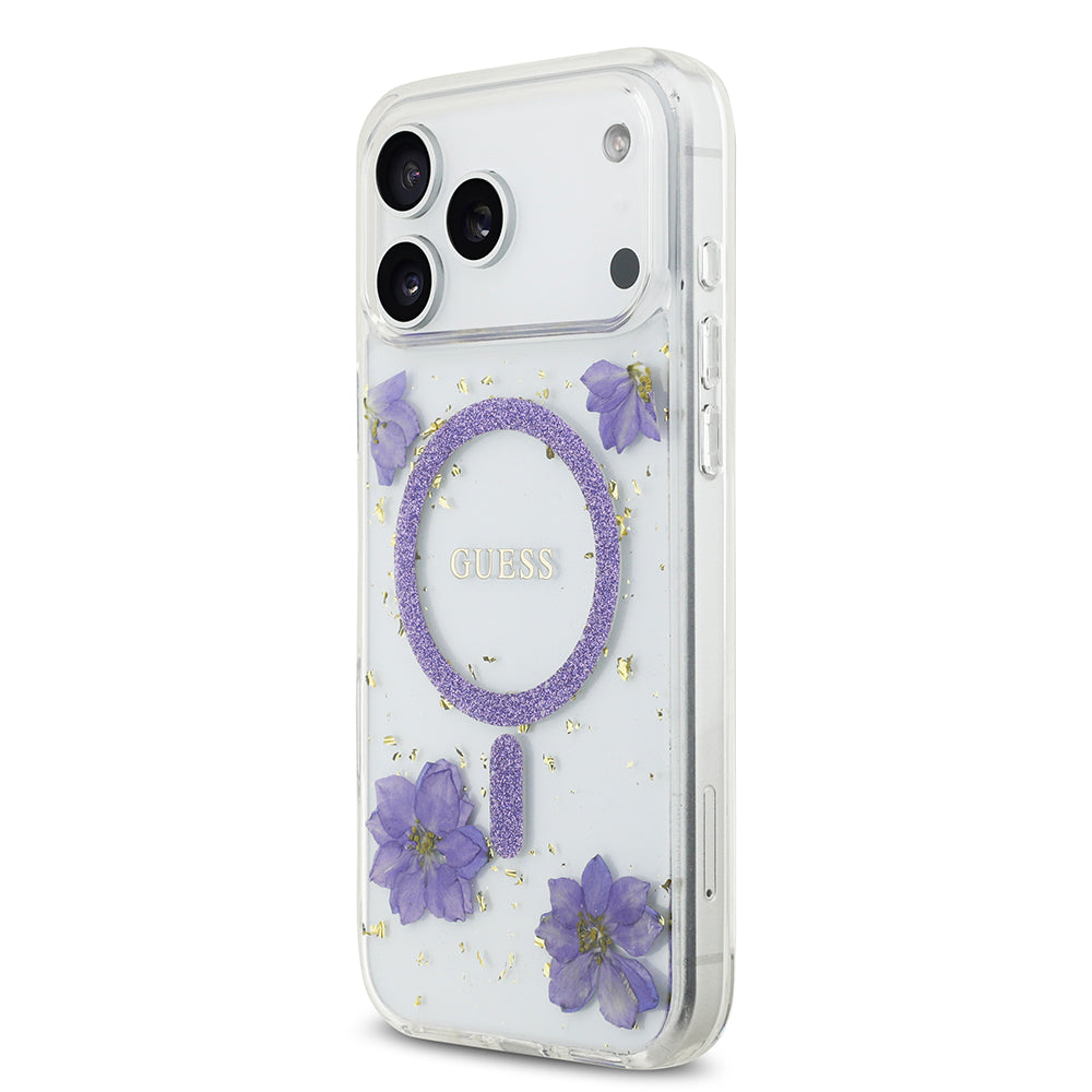 iPhone 17 Pro Max Kılıf Guess Orijinal Lisanslı M-safe Şarj Özellikli Transparan Resin Flowers Kılıf