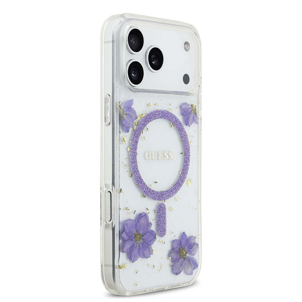iPhone 17 Pro Max Kılıf Guess Orijinal Lisanslı M-safe Şarj Özellikli Transparan Resin Flowers Kılıf