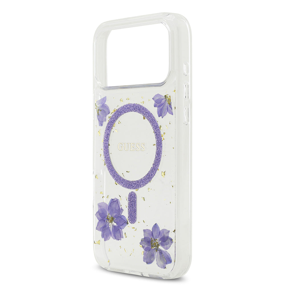 iPhone 17 Pro Max Kılıf Guess Orijinal Lisanslı M-safe Şarj Özellikli Transparan Resin Flowers Kılıf