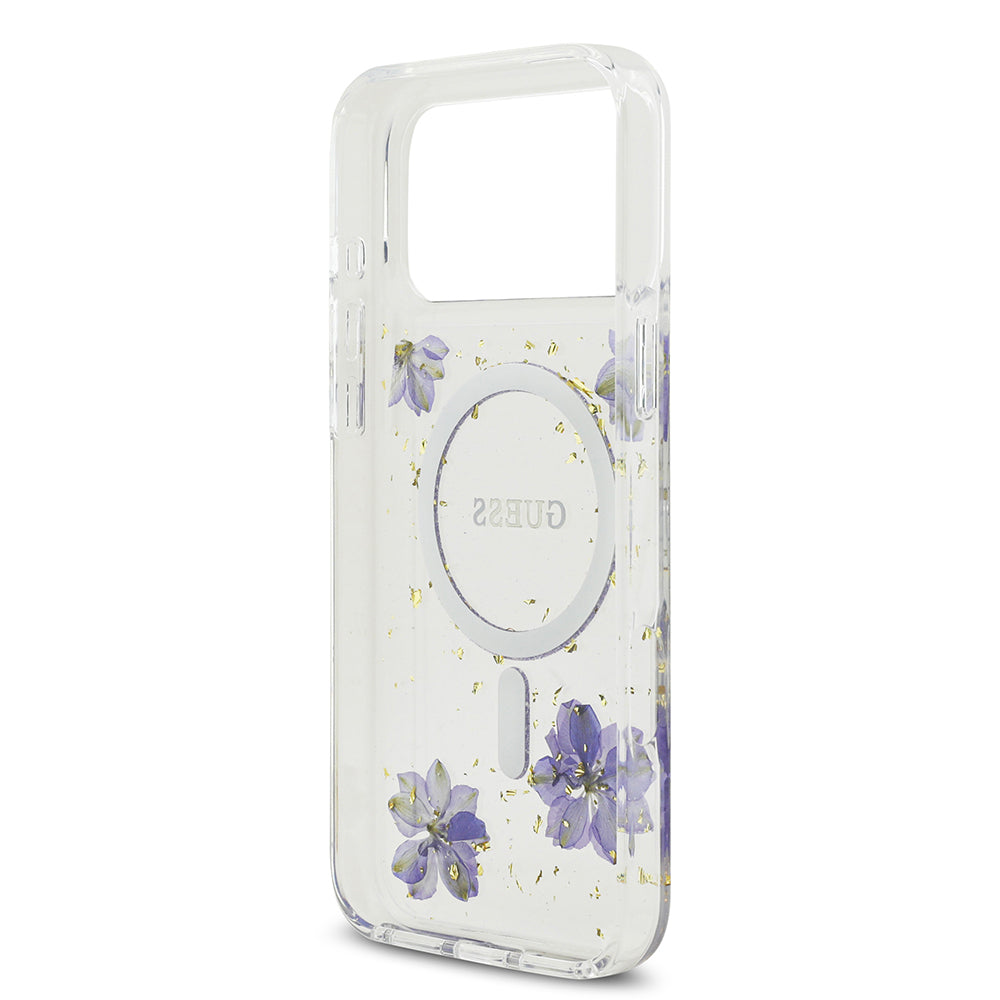iPhone 17 Pro Max Kılıf Guess Orijinal Lisanslı M-safe Şarj Özellikli Transparan Resin Flowers Kılıf