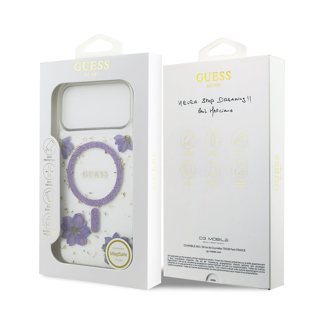 iPhone 17 Pro Max Kılıf Guess Orijinal Lisanslı M-safe Şarj Özellikli Transparan Resin Flowers Kılıf