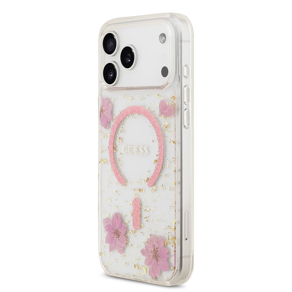 iPhone 17 Pro Max Kılıf Guess Orijinal Lisanslı M-safe Şarj Özellikli Transparan Resin Flowers Kılıf