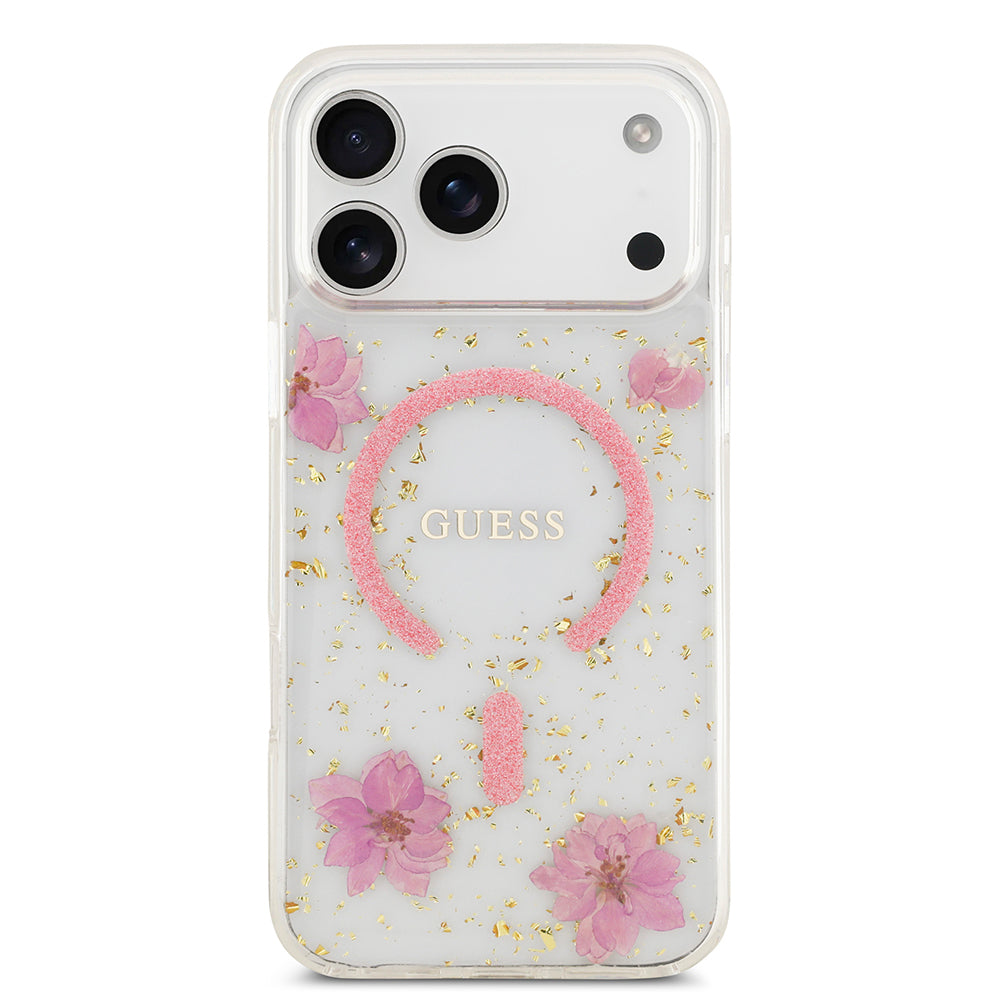 iPhone 17 Pro Max Kılıf Guess Orijinal Lisanslı M-safe Şarj Özellikli Transparan Resin Flowers Kılıf