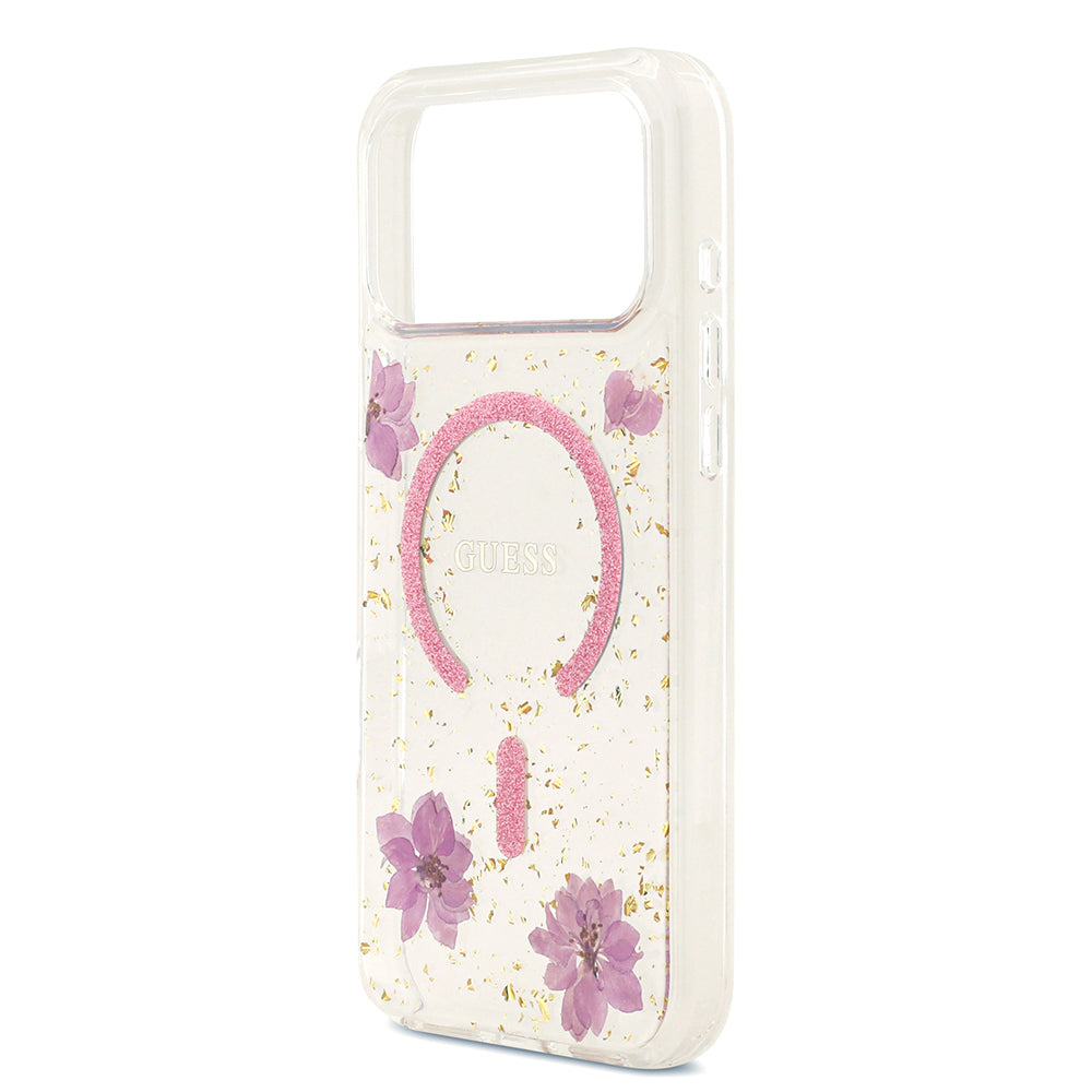 iPhone 17 Pro Max Kılıf Guess Orijinal Lisanslı M-safe Şarj Özellikli Transparan Resin Flowers Kılıf