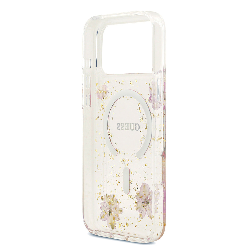 iPhone 17 Pro Max Kılıf Guess Orijinal Lisanslı M-safe Şarj Özellikli Transparan Resin Flowers Kılıf