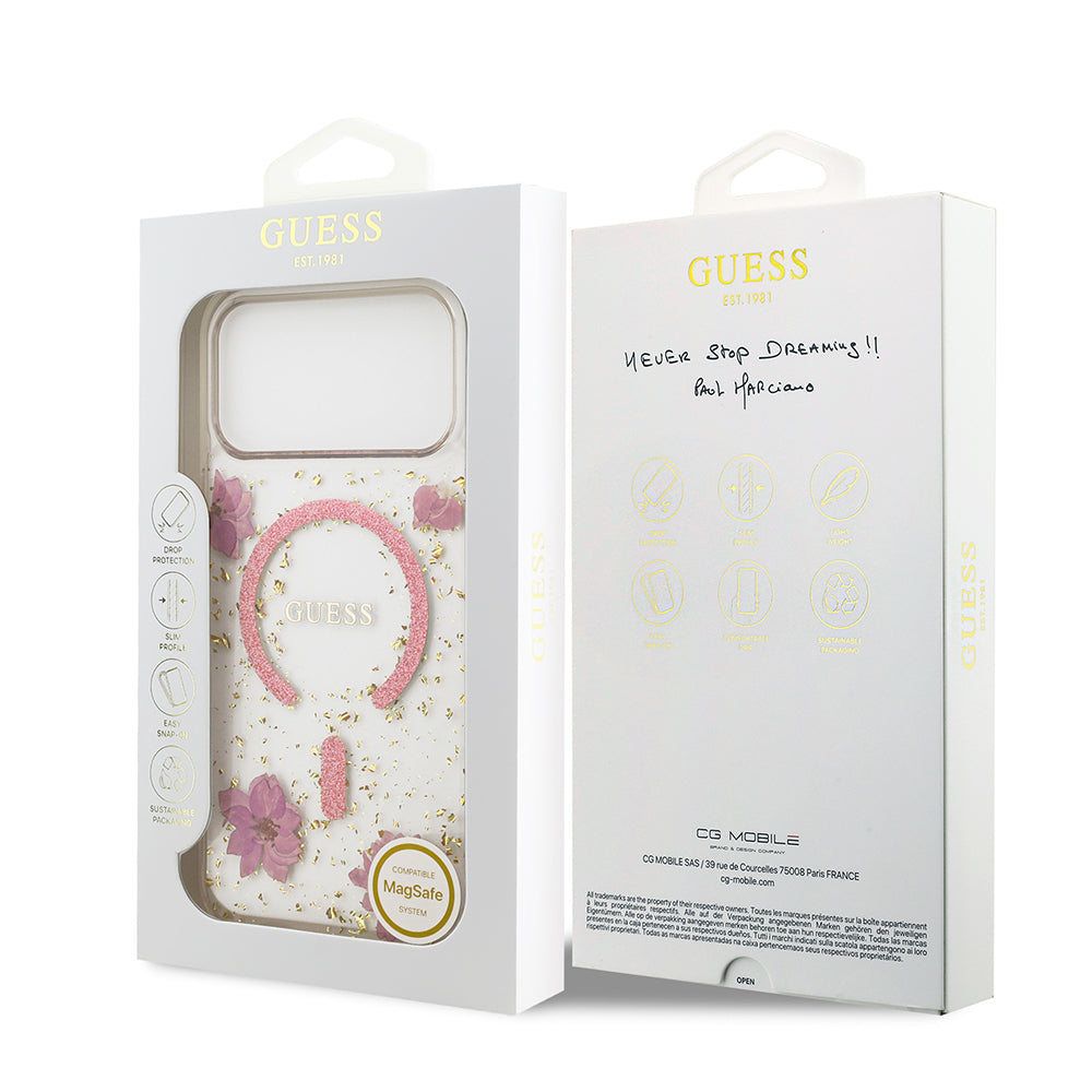 iPhone 17 Pro Max Kılıf Guess Orijinal Lisanslı M-safe Şarj Özellikli Transparan Resin Flowers Kılıf