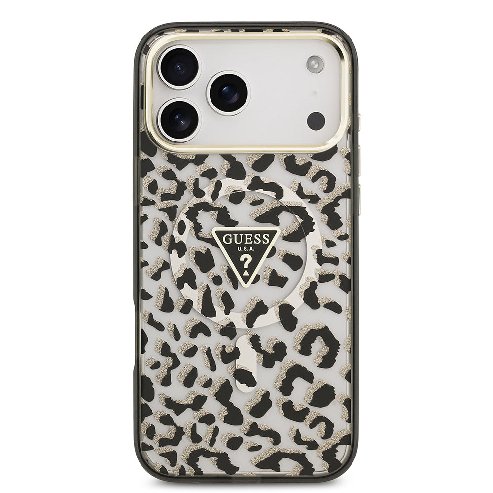iPhone 17 Pro Max Kılıf Guess Orijinal Lisanslı M-safe Şarj Özellikli Üçgen Logolu Simli Leopar Desenli Kılıf