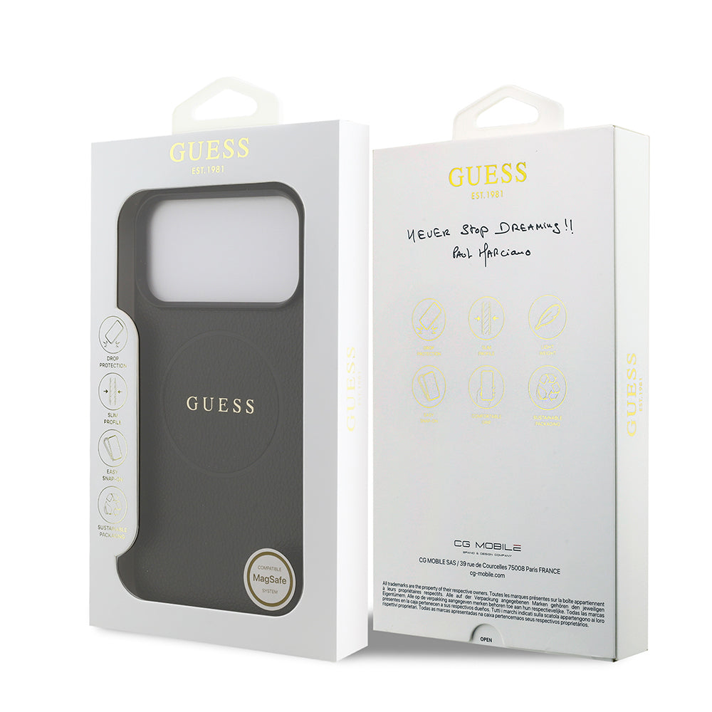 iPhone 17 Pro Max Kılıf Guess Orijinal Lisanslı M-safe Şarj Özellikli Yazı Logolu PU Deri Kılıf