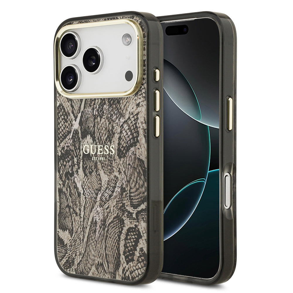 iPhone 17 Pro Max Kılıf Guess Orijinal Lisanslı M-safe Şarj Özellikli Yazı Logolu Python Desenli Kılıf