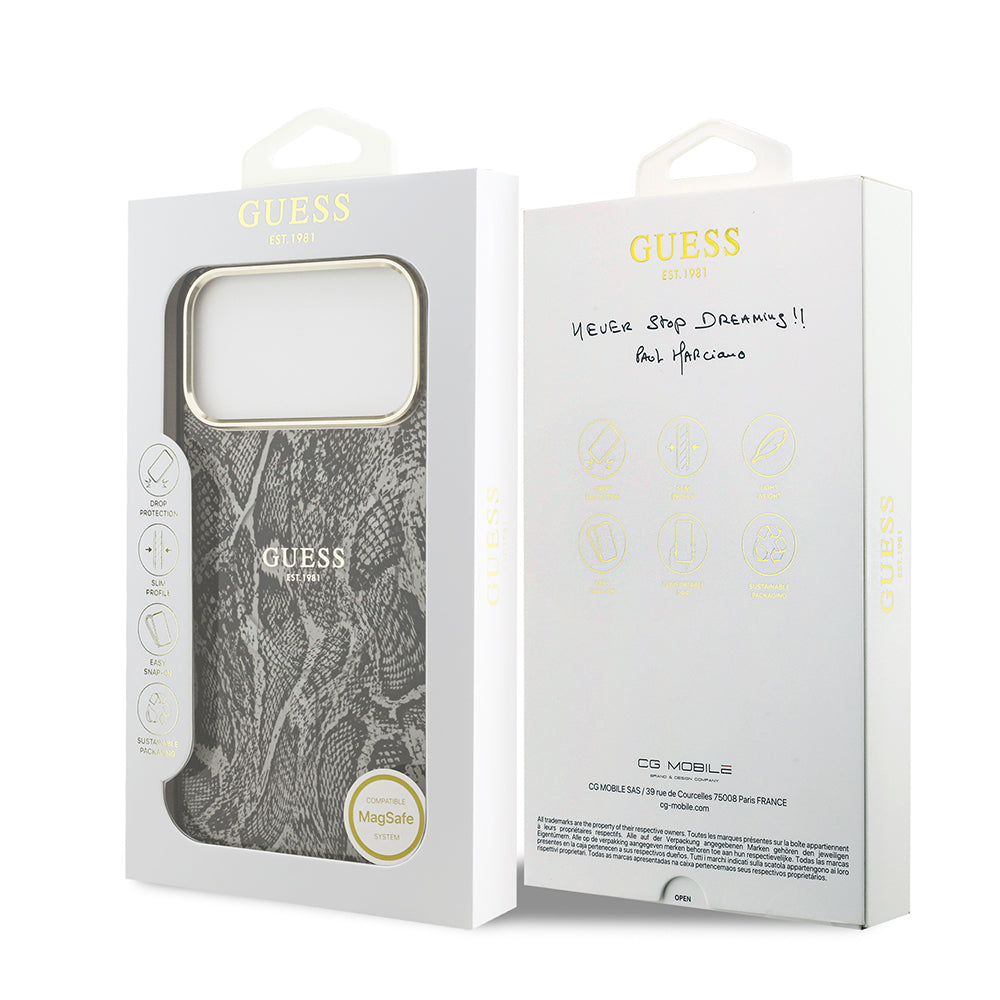 iPhone 17 Pro Max Kılıf Guess Orijinal Lisanslı M-safe Şarj Özellikli Yazı Logolu Python Desenli Kılıf
