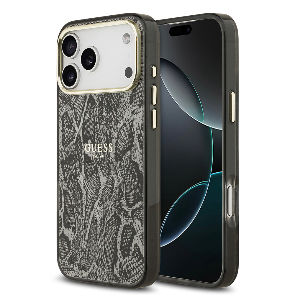 iPhone 17 Pro Max Kılıf Guess Orijinal Lisanslı M-safe Şarj Özellikli Yazı Logolu Python Desenli Kılıf